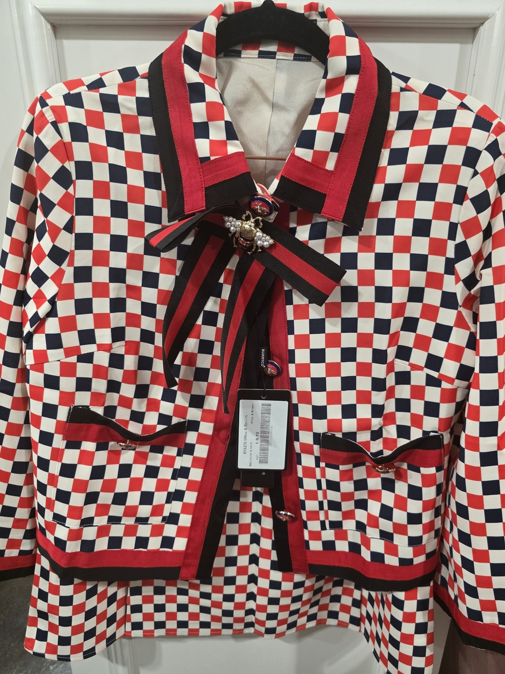 BURRYCO Red, Navy & White Checkerboard Blazer with Bow Accent